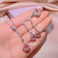 【lz】▲✣  925 prata de alta qualidade rosa diamante gota-em forma de pingente brincos anel feminino cor tesouro três peças conjunto festa presente de aniversário