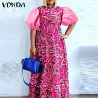 (จัดส่งฟรี)Fancystyle VONDA Women Plus Size Splicing Puff Short Sleeve A-Line Dresses Printing Stand Collar Maxi Dress