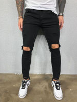 Men Jeans Knee Hole Ripped Stretch Skinny Denim Pants Solid Color Black Blue Autumn Summer Hip-Hop Style Slim Fit Trousers S-4XL