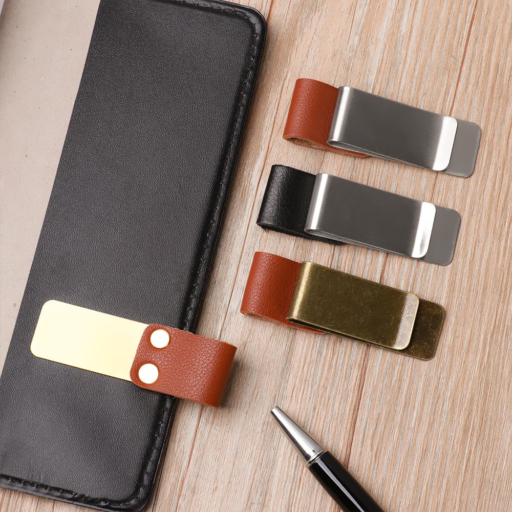 Notebook Holder Handmade Leather Stainless Steel Clips Brass Pen Folder 