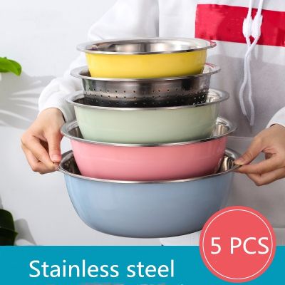 5PCS Stainless Steel Salad Bowl Drain Basket Drainer Mixing Bowls Set Kitchen Vegetables Fruit Washing Storage Container