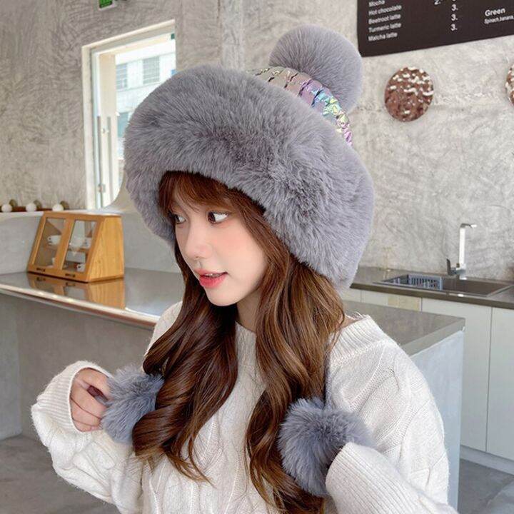 winter-outdoor-thick-fluffy-hat-women-ski-cap-fashion-pompoms-female-beanie-skullies-ear-flap-ladies-princess-cap-with-ball