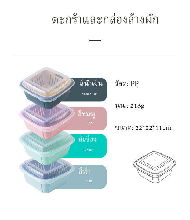 ตะกร้าล้างผัก-ผลไม้-คละสี-กล่องพลาสติก-กล่องถนอมอาหาร-มีฝาปิดมิดชิด-เก็บอาหารแช่ตู้เย็นได้-กะละมังล้างผัก-ที่ล้างผักผลไม้-มีฝาปิด