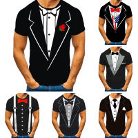 2023ฤดูร้อนปลอมสูท3D พิมพ์เสื้อยืด Tuxedo ย้อนยุคผูกสูทแบบแนวโน้มแฟชั่นตลกเสื้อยืดผู้ชายสบายๆเสื้อยืดขนาดใหญ่