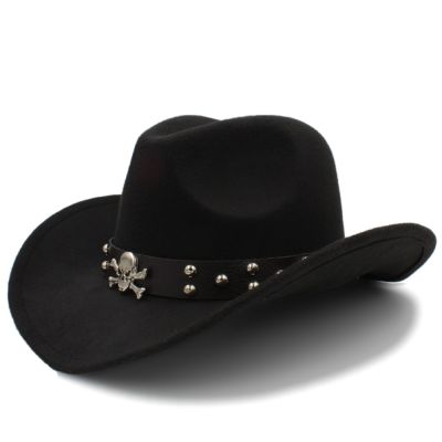 Womens Men Wool Western Cowboy Hat Roll-up Brim Gentleman Dad Jazz Equestrian Sombrero Hombre Cap ขนาด 56-58CM เข็มขัดหนัง☭