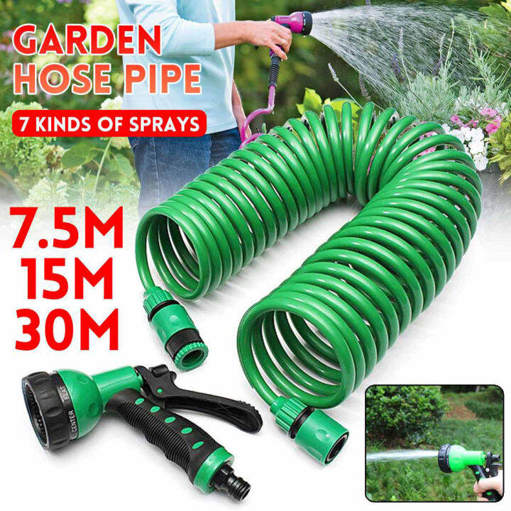 7.5M/15M/30M Coil Hose Retractable Garden Water Hose Pipe Spray Nozzle