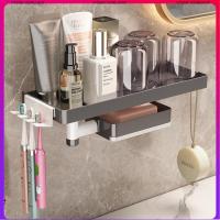 ☜☄✺ ??Ready Stock?? No Punching Wall-mount Toothbrush Holder with 360° Rotatable Soap Shelf Multifunctional Mouthwash Cup Storage Rack Bathroom Accessories