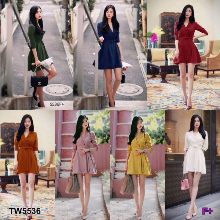 tw5536-เดสรคอปกผูกโบว์-เดรสคอปก-มีเชือกผูกโบว์ที่เอว