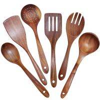 Wooden Utensils Set of 6, Large Kitchen Cooking Utensil for Non Stick Cookware, Natural Teak Wood Spoons Spatula Ladle Colander,