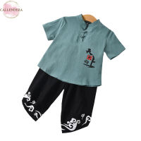 2pcs/set Boys Ethnic Style Summer Tang Suit Children Short Sleeves Stand Collar Tops Elastic Waistband Pants Suit