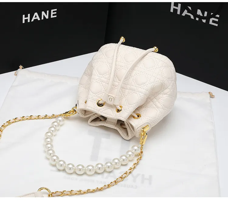 New Genuine Leather Mini Bucket Bag for Women 2022 Best-Seller on Douyin  Diamond Chanel's Style Pearl Chain Bag European and American Fashion