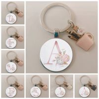 Simple pink flower A-Z English alphabet pattern glass cabochon keychain DIY charm enamel pen holder Teacher 39;s Day gift keychain