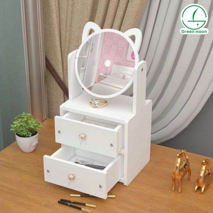 Green Moon Cat Ear Makeup Mirror With Jewelry Compartment Drawer