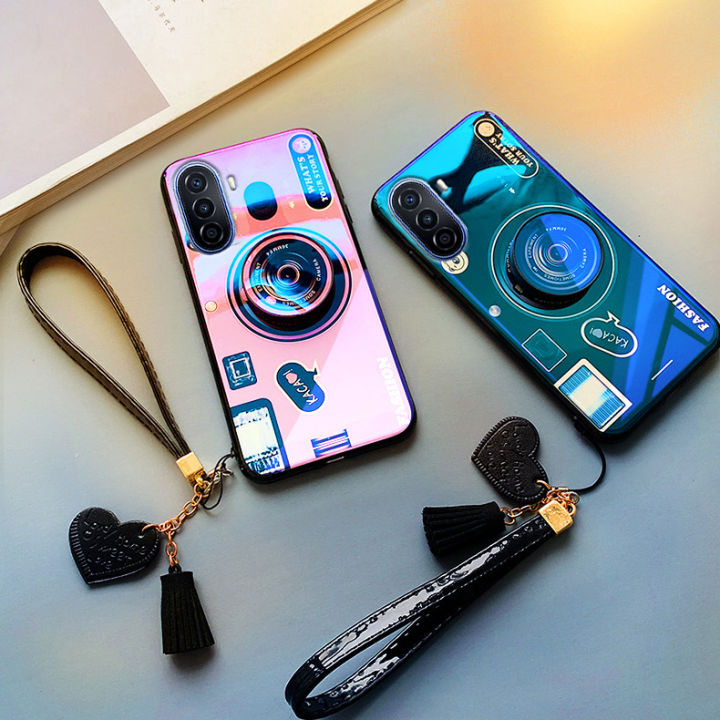 gloden-tree-for-huawei-nova-y70-case-camera-pattern-stand-beautiful-tassel-hand-strap-protective-back-cover-couple-cases