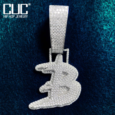 Single Brush Script Cursive Letter Pendant Men HipHop Necklace Full Cubic Zirconia Chain Rock Jewelry A-Z