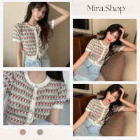 Mira-shop เสื้อไหมพรมแขนสั้นลายดอกไม้แต่งกระดุมมุก  เสื้อครอป เสื้อแฟชั่นผญ 1926-1