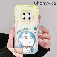 เคส Chenyyka สำหรับ Huawei Mate 30 Pro Mate 40 Pro P30 P40การ์ตูนน่ารักโดราเอมอนลายคลื่นเคสโทรศัพท์โปร่งใสขอบเนื้อครีมน่ารักปลอกซิลิโคนนิ่มเลนส์กล้องถ่ายรูปเคสป้องกันแบบใสกันกระแทก