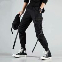 HOUZHOU Techwear Black Cargo Pants for Men Punk Cargo Trousers Male Autumn Casual Gothic Streetwear Hip Hop Ribbon Safari Style