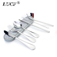 LUCF portable Stainless Steel traveling Cutlery Set 7pcs with handbag practical outdoor tableware metal straw for camping picnic Flatware Sets