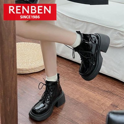 RENBEN Sepatu BOOT Pendek ย้อนยุคส้นสูงสีดำหวานและเย็นระเบิดเพิ่มรองเท้าบูท Martin ส้นหนาของผู้หญิง