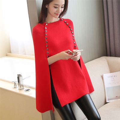 Women Double-Breasted Rivet Cape Batwing Sleeves Loose Poncho Autumn Knitted Long Sweater Black Pullover Out Street Knitwear