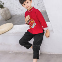 【CW】Kids Boy Chinese Traditional Hanfu Tang Suit Autumn Children Long Sleeve Top Pants Set Dragon Embroidery Tai Chi Kung Fu Uniform