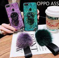 OPPO A5S กรณีแฟชั่นหญิง Lady โทรศัพท์กรณี Rhinestone Stand ผมนุ่มสีเขียวสีม่วงสาวเชลล์เคส