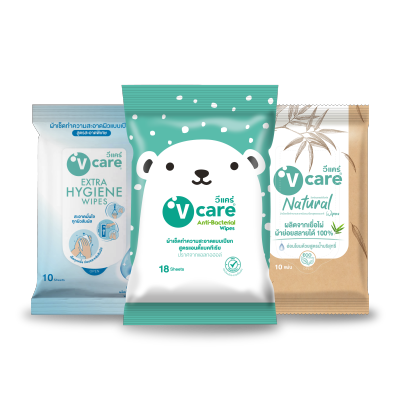 V care วีแคร์ ผ้าเปียก 3 สูตร แอนตี้แบคทีเรีย + สูตรธรรมชาติ + สูตรสะอาดพิเศษแอลกอฮอล์ 70%