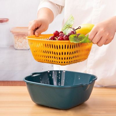 BEREAVE แบบสองชั้น ตะกร้าระบายน้ำ วางซ้อนกันได้ มัลติฟังก์ชั่ ตะกร้าล้างผัก ใช้งานได้จริง ถอดออกได้ อ่างผลไม้ อุปกรณ์สำหรับห้องครัว