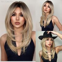 Ombre Black Brown Blonde Golden Synthetic Wigs with Bangs Natural Long Layered Wave Wig for Women Party Cosplay Heat Resistant [ Hot sell ] TOY CENTER