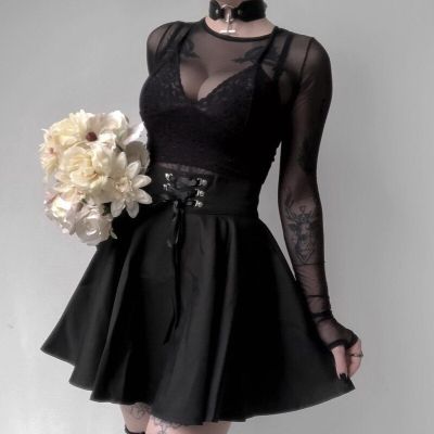 ‘；’ Japanese-Style Hipster Black JK Bule Skirt Womens Lace-Up Back Zip Ins Girls Pleated Mini Gothic Black Skirt