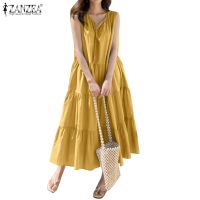 ▽ ZANZEA Women Solid Color Casual Sleeveless V Neck Tiered Maxi Dress