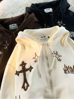 ♣ QWEEK Gothic Harajuku Hoodies Women Goth Grunge Letter Embroidery Zip-up Hooded Sweatshirt 2022 Autumn Tops Y2k Clothes