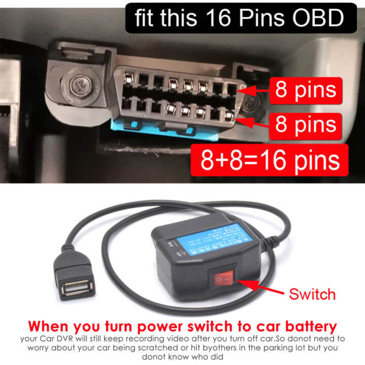 24Hours Parking Monitoring 5V 3A USB Car Charge Cable OBD Hardwire Kit