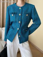 ▬ gsgw Jaqueta dourada de botão Tweed feminina casual elegante azul