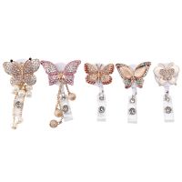 5Pcs Retractable Badge Holder Reel, Butterfly Handmade Bling Rhinestone ID Badge Holders with Clip, for Volunteer Nurses