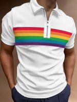 เสื้อโปโลพิมพ์ลายทางสีรุ้งเสื้อกอล์ฟสำหรับผู้ชายเสื้อผ้าเสื้อแฟชั่นลำลองหลากสีโอเวอร์ไซส์