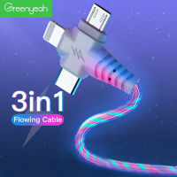 Greenyeah สายไมโคร USB 3 In 1 Type C ที่ชาร์จไฟรวดเร็ว USB สาย Lightning USB ไฟ Led ส่องสว่างการไหลของสายไฟสำหรับ iPhone 13 12 Huawei Samsung