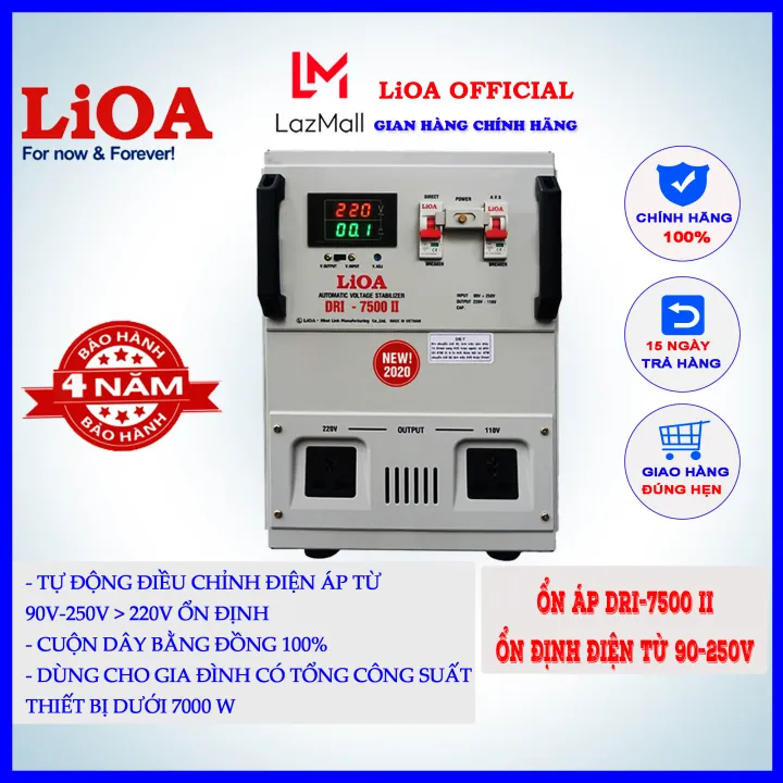 Ổn áp Lioa DRI-7500II tự động điều chỉnh điện áp từ 90v-250v thành điện 220v, cuộn dây bằng đồng 100%