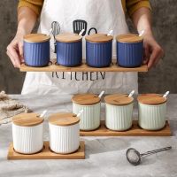 2021Ceramic Striped Seasoning Box Set Household Kitchen Seasoning Pot Personality Simple Pepper Salt Sugar Bowl Seasoning Bottle