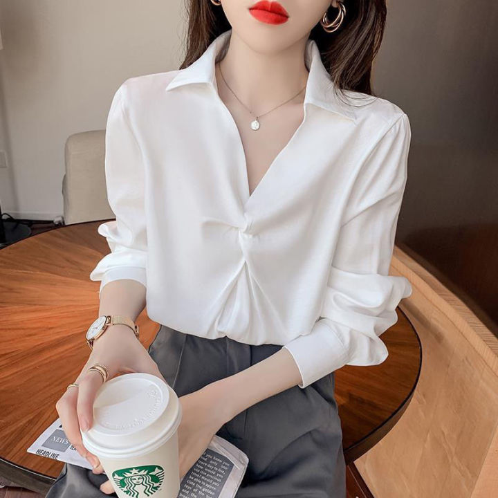 Women's Blouse Spring and Autumn New Fashion Solid Color Korean Shirt  Women's Long-sleeved Loose Casual V-neck Blouse Pleated Blouse