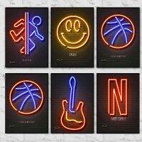 Retro Audio Cassette Guitar Sign Gamer Neon Light บาสเกตบอลภาพวาดผ้าใบโปสเตอร์และพิมพ์ภาพผนังสำหรับห้องนั่งเล่น