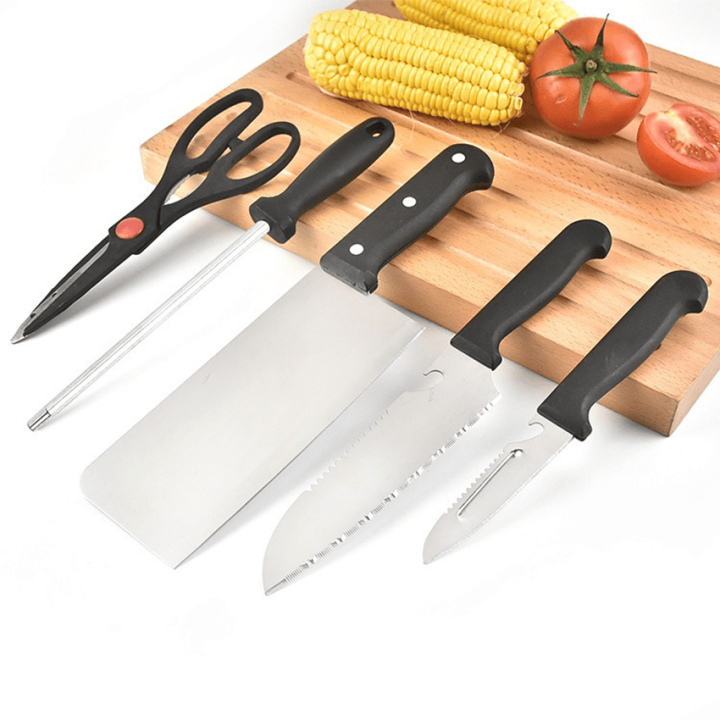 6pcs Wooden Kitchen Knife Set , Stainless Steel Knife Sharpener