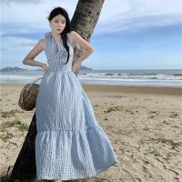 French vintage blue grid hanging neck strap dress summer new female temperament show thin fairy full skirt