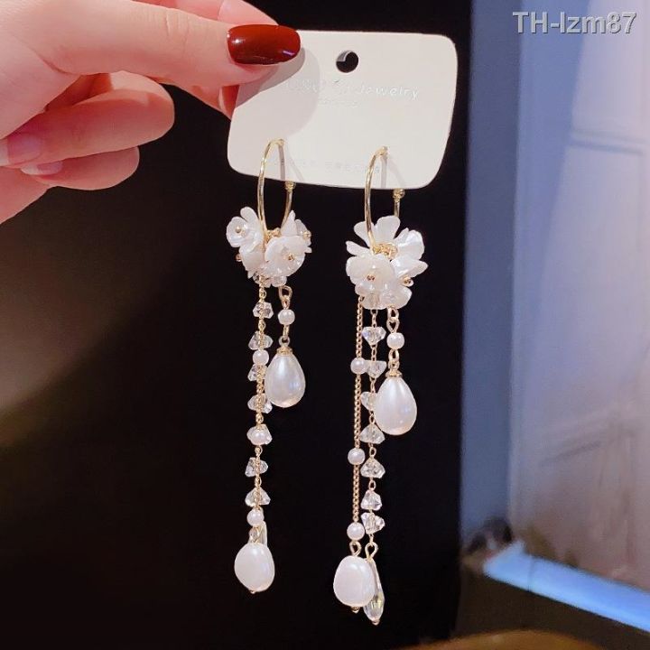 เครื่องประดับ-925-silver-needle-han-edition-flowers-pearl-earring-female-temperament-of-long-tassels-fashionable-joker-super-senior-feeling-stud-earrings