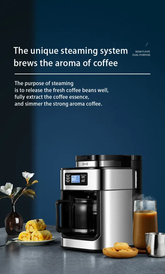 2 in 1 Commercial Fully Automatic Coffee Grinder Integrated American Drip  Coffee Pot 3 Levels 1.2L Water Tank With Led Dispaly