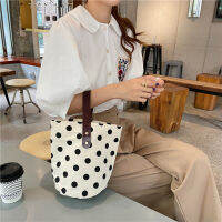 insFrench Retro Dots Clutch Canvas Bag Portable Bucket Bag