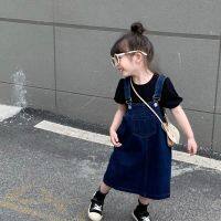 CUI YI SHOP New Baby Literary Denim Suspender Skirt Childrens Cotton Top Loose Two-piece Set