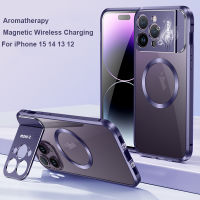 สำหรับ 15 Pro MAX Case Magnetic Wireless Charger 13 14 Plus Aluminium Bumper Camera Portection Kickstand Clear Cover Luxury