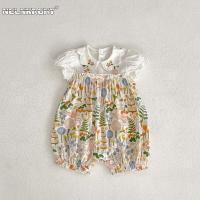 Summer 2023 New Arrival - Baby Girl Adorable Printed Mock Two-Piece Romper Doll Collar Short Sleeves Infant Kids Clothes 유아복